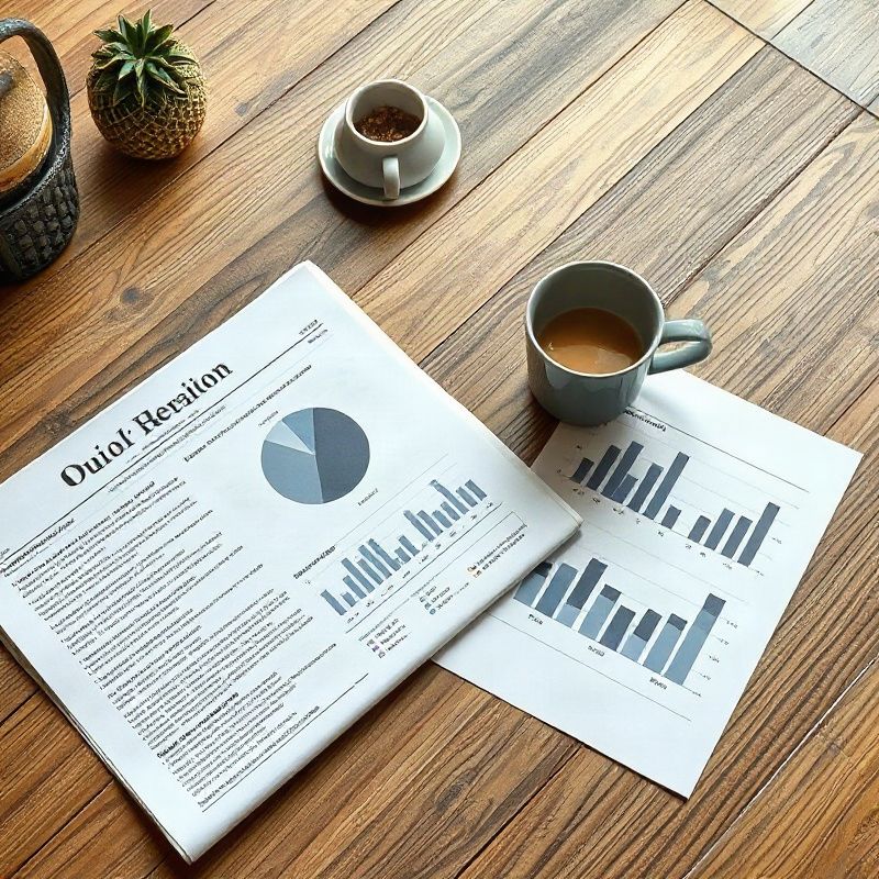Escritorio editorial con periódicos y gráficos de datos en una oficina de Montevideo